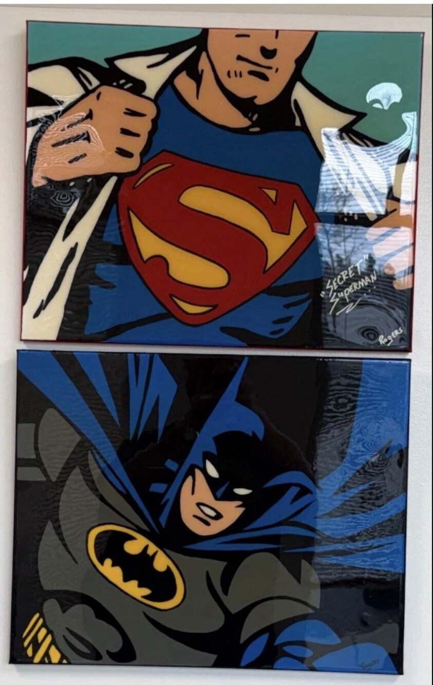 Boom-Art Glenn & Sandy Rogers Superman & Batman Pop Art Resin Canvas Set of 2